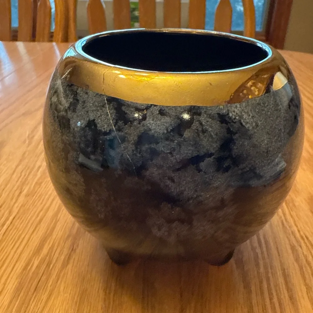 Vintage Glazed Ceramic Planter with Gold Rim